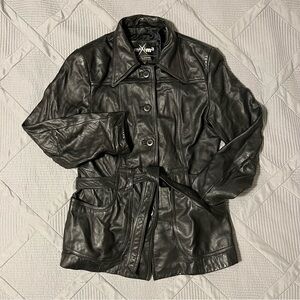 Vintage Y2K Maxima by Wilsons Leather Womens Black Leather Belted Coat (M)